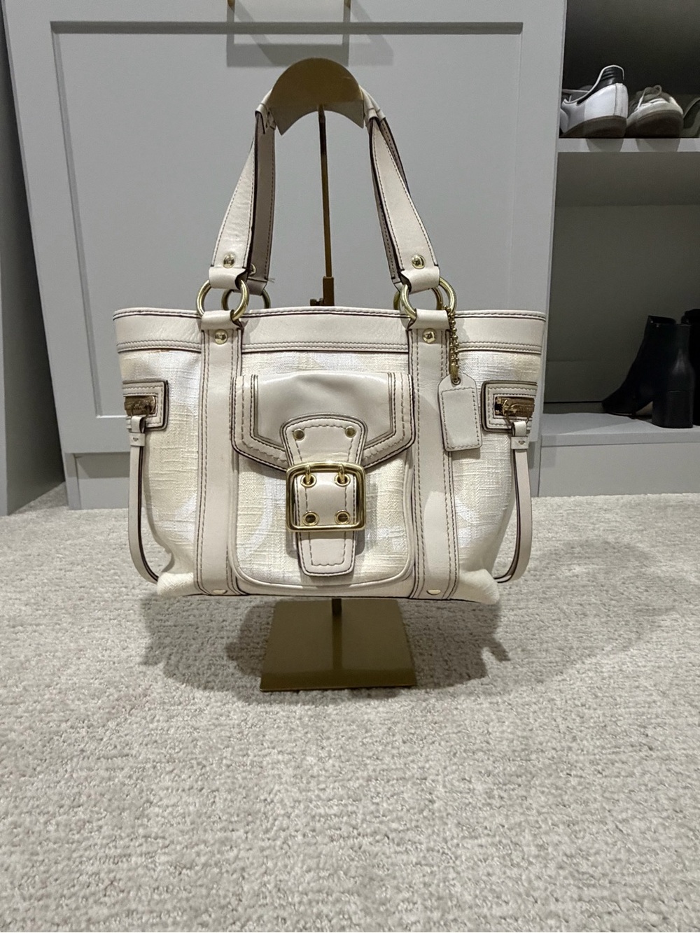 Coach Cream Leather and Canvas Tote with Gold Hardware
